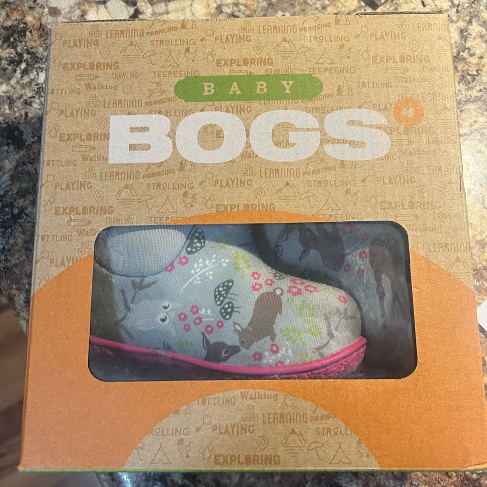 Baby Bogs Woodland Print Boot in Light Blue with Pink Trim